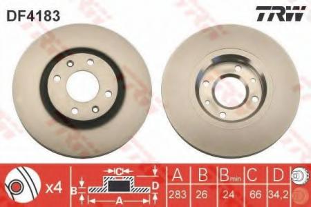ДИСК ТОРМОЗНОЙ ПЕРЕДН CITROEN: BERLINGO 02-, BERLINGO ФУРГОН 00-, C3 05-, C4 04-, C4 GRAND PICASSO 06-, C4 PICASSO 07-, C4 КУПЕ 04-, C5 01-04, C5 04-, C5 BREAK DF4183