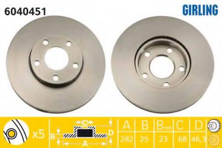 ДИСК ТОРМОЗНОЙ VW PASSAT 1.6-2.8 10.96-04.98/1.8T 20V 00-05 ПЕРЕДНИЙ D=282ММ. 6040451